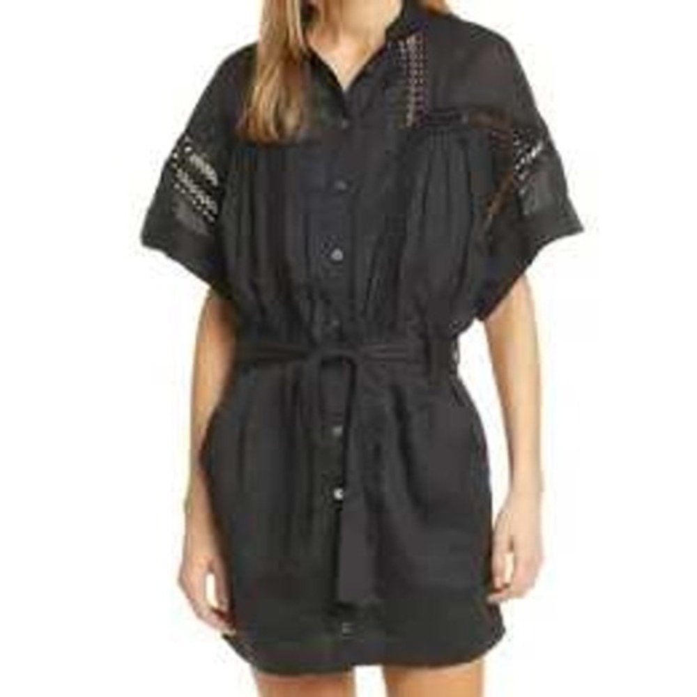 Frame Women Shirt Dress M Black Linen Blend Ladder Stitch Belted Mini Pocket